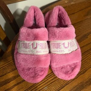 True Religion Pink Plush Slippers